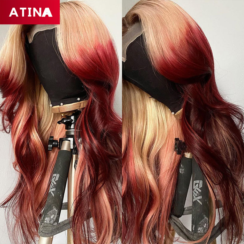 Ombre Brown 613 Blonde Red Colored Wavy Pre-Plucked Lace Front Human Hair Wigs
