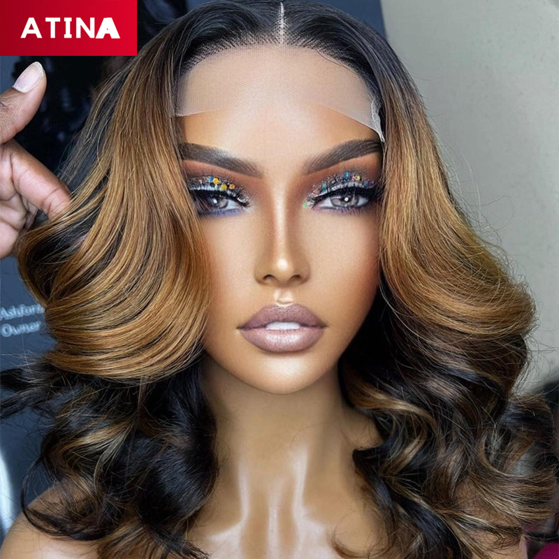 Highlight Ombre Brown Bob Wavy Lace Front Wig Colored Human Hair Wigs