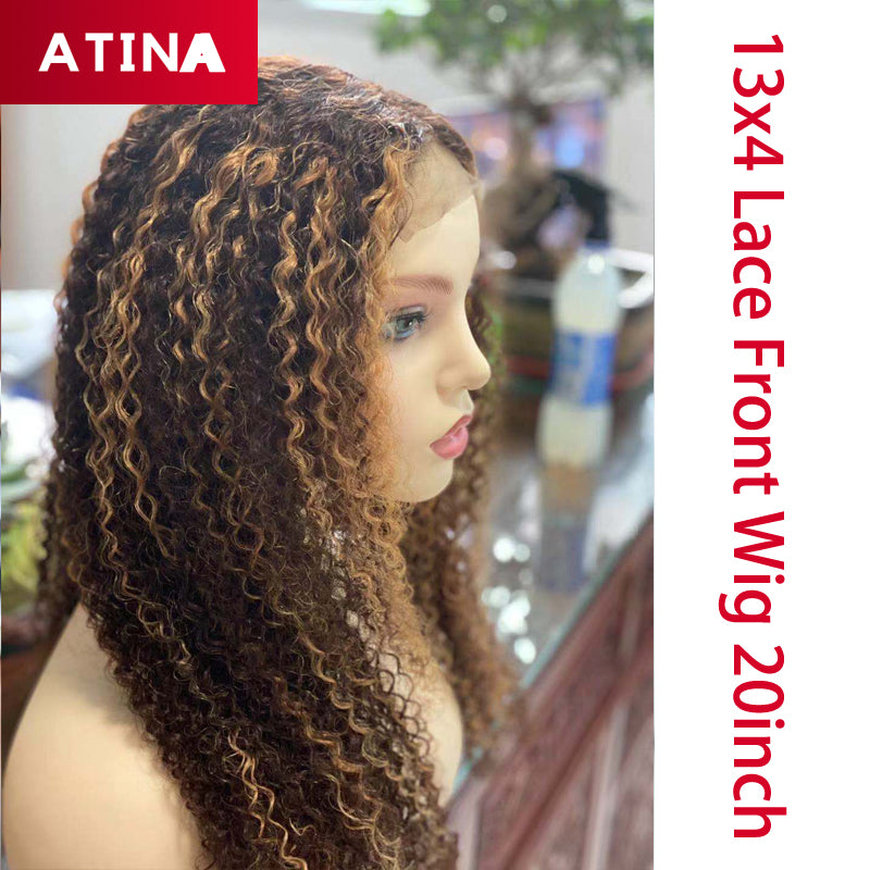 Honey Blonde Highlight Wig Curly Human Hair PrePlucked Lace Front Wigs Virgin Human Hair Wigs Atina