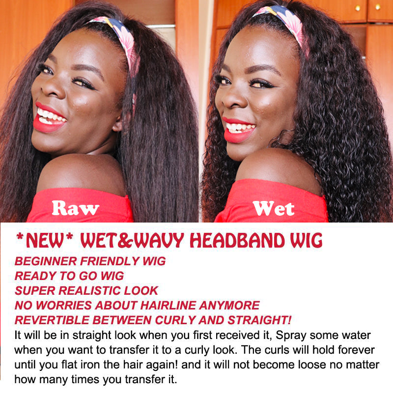 2in1 Straight to Curly | Wet & Wavy | Human Hair Headband Wig Water Wave For Black Women [AH01]