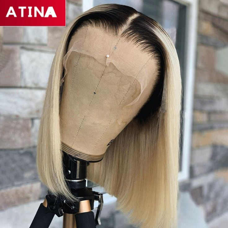 Short Straight Bob 1B/613 Ombre Blonde Colored 13x4 Closure Hair Wig
