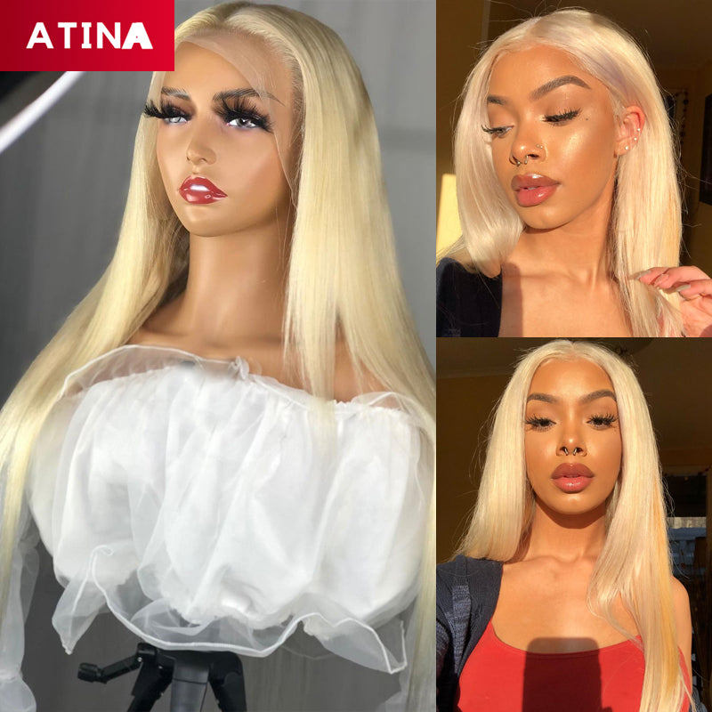 Glueless 613 Blonde Lace Front Human Hair Wigs Colored Straight Pre-Plucked Atina Hair