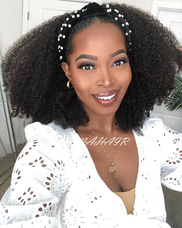 Atina Headband Wig 200 Density Afro Kinky Curly Human Hair Wigs Remy Peruvian Full Machine Made Wig For Women No Glue No Gel Can do High Ponytail pearl