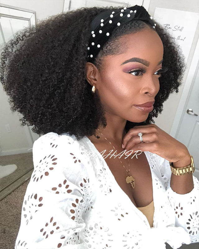 Atina Headband Wig 200 Density Afro Kinky Curly Human Hair Wigs Remy Peruvian Full Machine Made Wig For Women No Glue No Gel Can do High Ponytail left