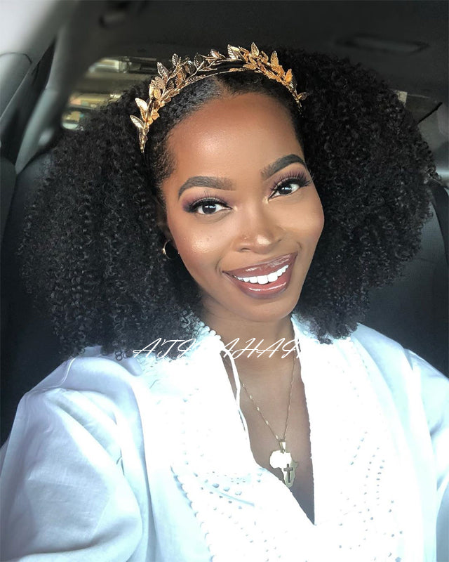 Atina Headband Wig 200 Density Afro Kinky Curly Human Hair Wigs Remy Peruvian Full Machine Made Wig For Women No Glue No Gel Can do High Ponytail crown