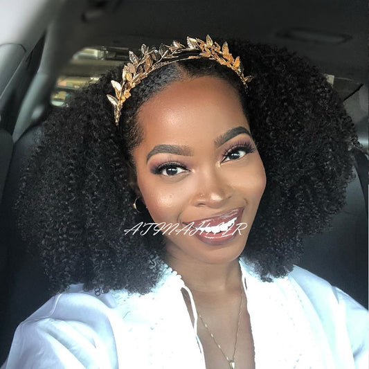 Atina Headband Wig 200 Density Afro Kinky Curly Human Hair Wigs Remy Peruvian Full Machine Made Wig For Women No Glue No Gel Can do High Ponytail front