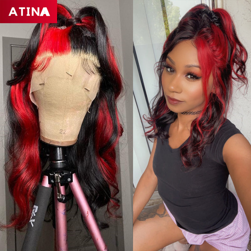 Black and Red Human Hair Wig Highlighted Colored 360 Lace Frontal Wigs with Baby Hair Preplucked Bleached Knots Body Wave Atina