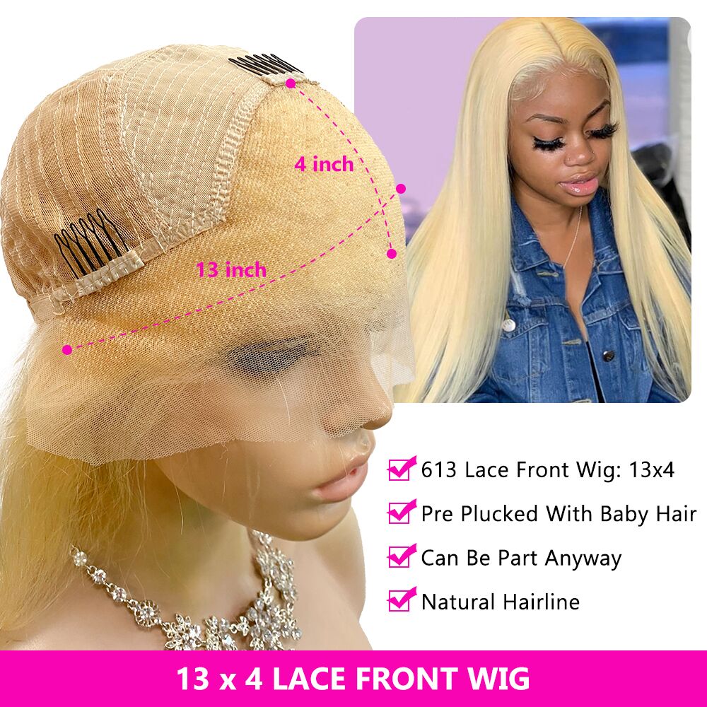 Face Framing | 613 Blonde Highlight Blue Colored Straight Pre-Plucked Lace Front Human Hair Wigs