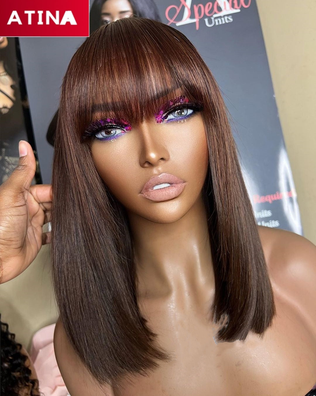 Chocolate Brown Striaght Human Hair with Bangs 13x4 Lace Front Wig