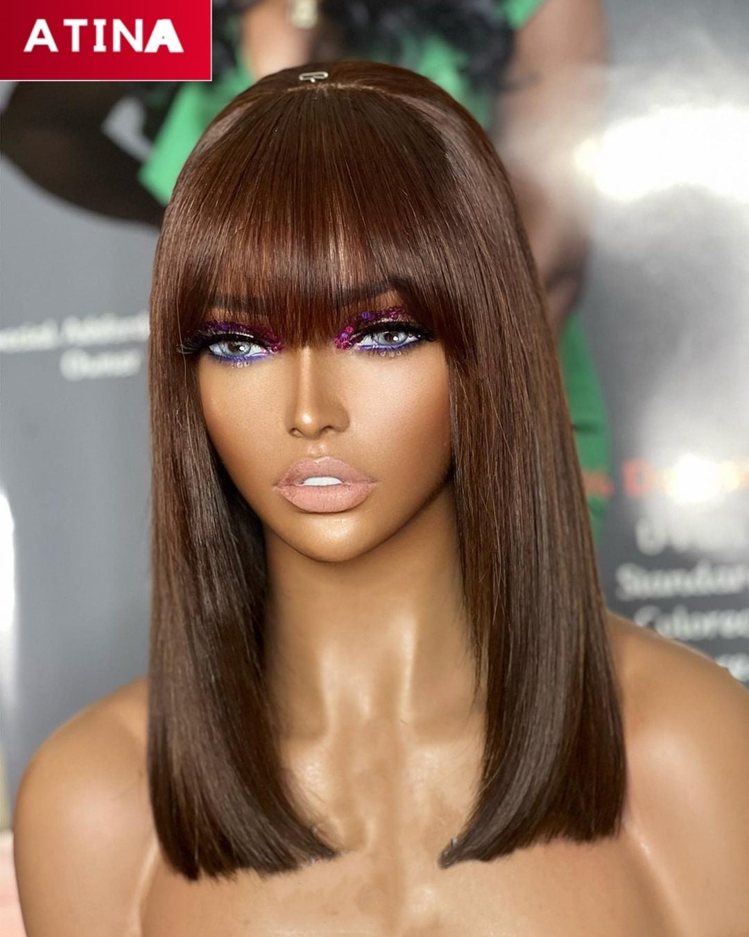 Chocolate Brown Striaght Human Hair with Bangs 13x4 Lace Front Wig