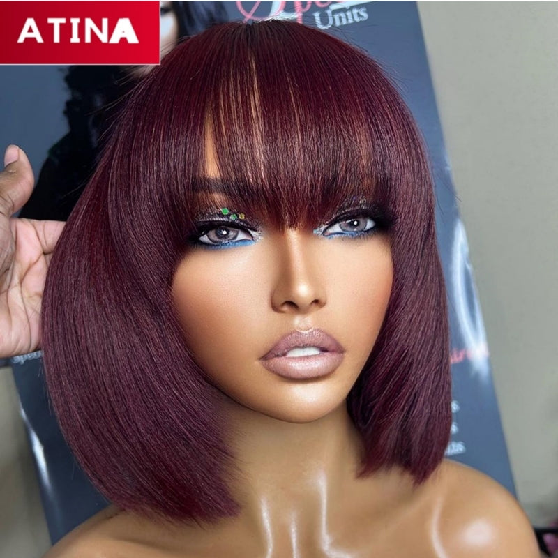13x4 Lace Front Wig Straight Short Bob Wig with Bangs | Burgundy 99J