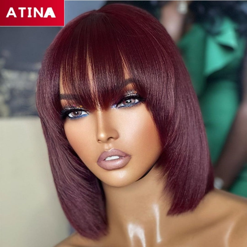 13x4 Lace Front Wig Straight Short Bob Wig with Bangs | Burgundy 99J