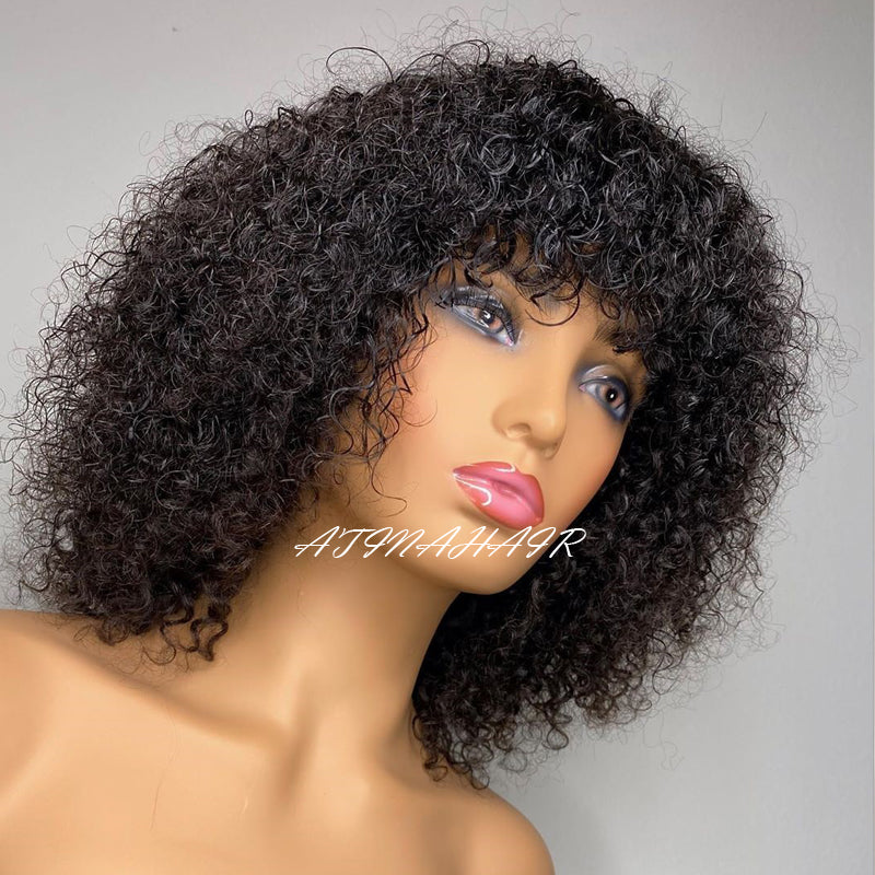 Short Pixie Cut Wig Full Machine Made Human Hair Wigs With Bangs Afro Kinky Curly Glueless Fringe Wig Free Shipping Atina side