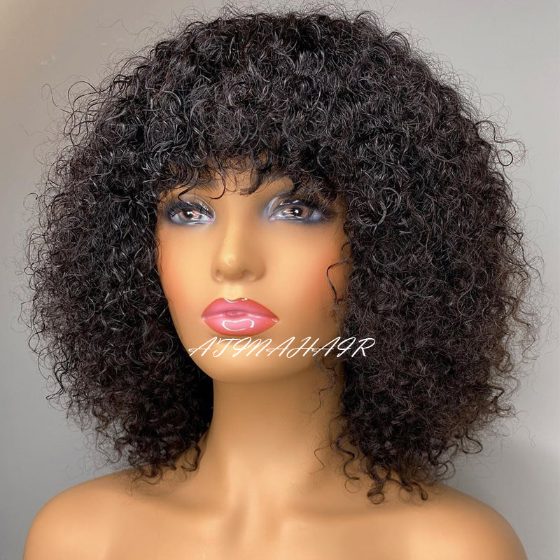 Short Pixie Cut Wig Full Machine Made Human Hair Wigs With Bangs Afro Kinky Curly Glueless Fringe Wig Free Shipping Atina front
