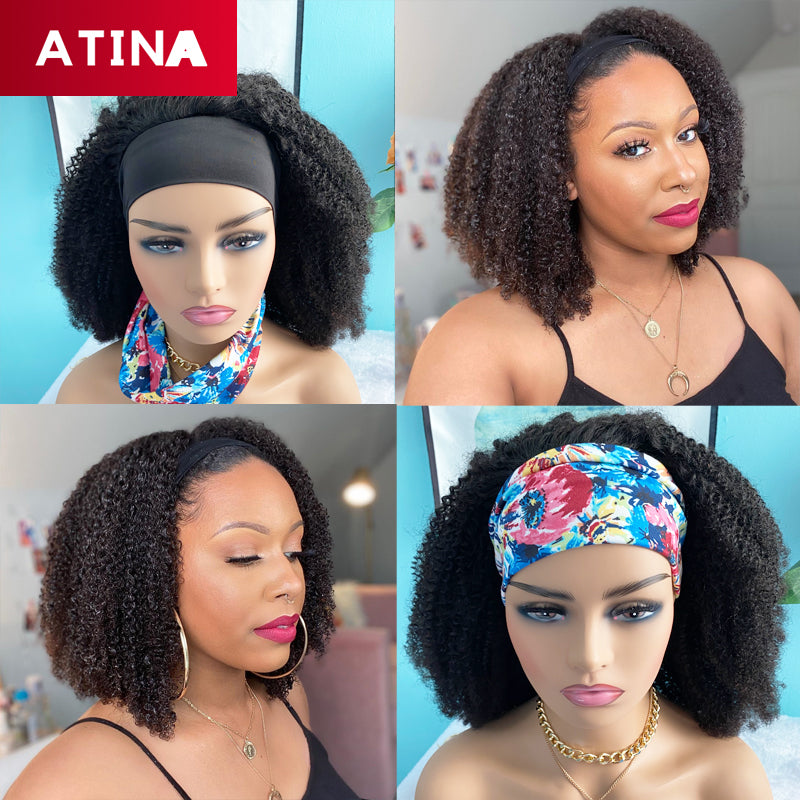200 Density Afro Kinky Curly Human Hair Wigs Glueless Headband Machine Made Wig Natural Color Atina