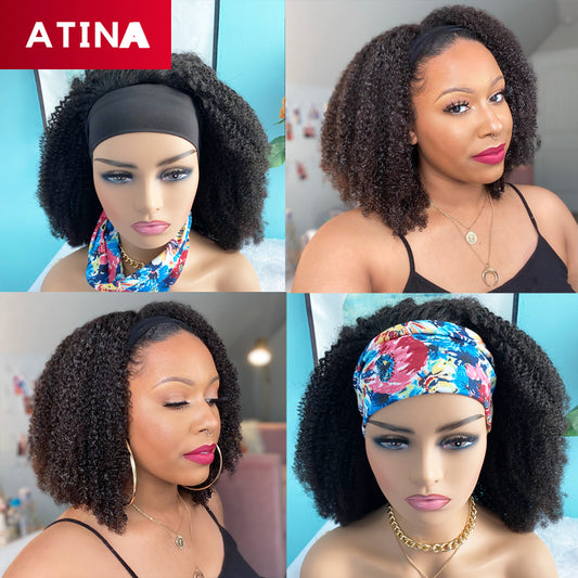 200 Density Afro Kinky Curly Human Hair Wigs Glueless Headband Machine Made Wig Natural Color Atina