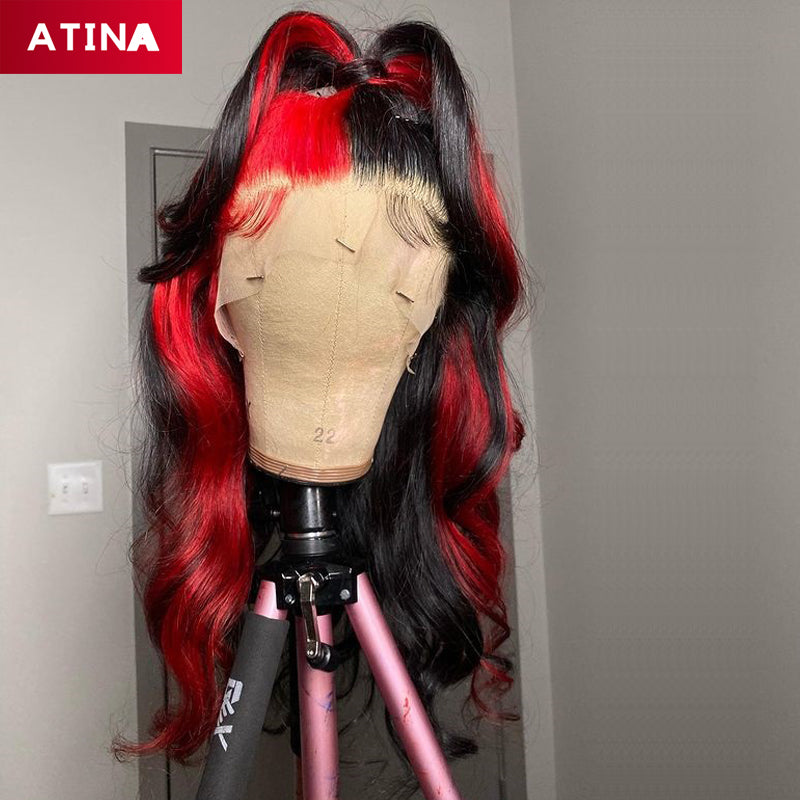Black and Red Human Hair Wig Highlighted Colored 360 Lace Frontal Wigs with Baby Hair Preplucked Bleached Knots Body Wave Atina