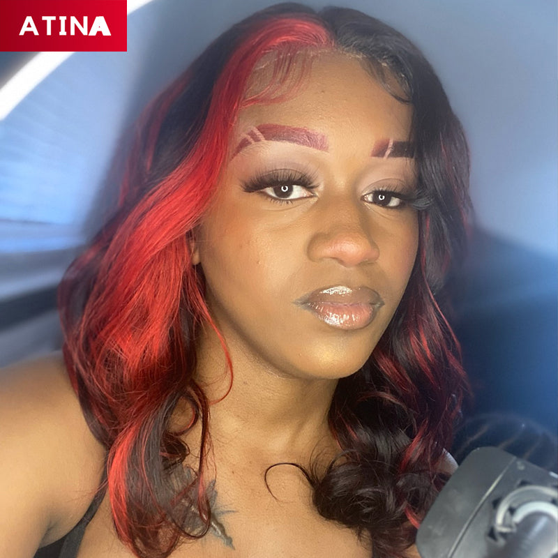 Black and Red Human Hair Wig Highlighted Colored 13x4 Lace Front Wigs Preplucked Bleached Knots Body Wave Atina