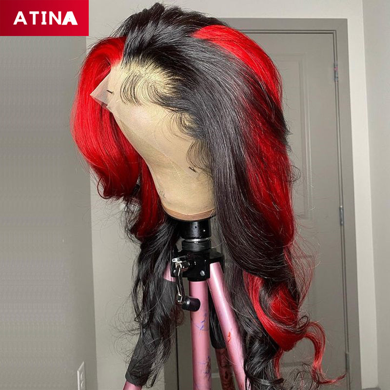 Black and Red Human Hair Wig Highlighted Colored 13x4 Lace Front Wigs Preplucked Bleached Knots Body Wave Atina