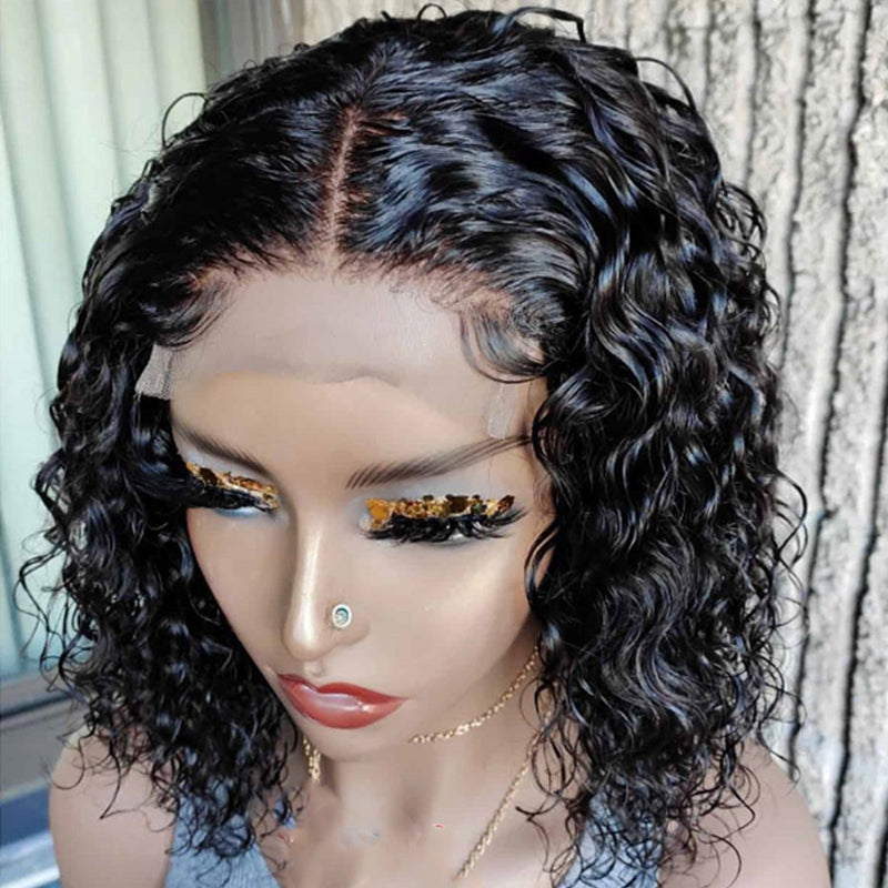 Curly Short Human Hair Wigs Brazilian Virgin Water Wave Wig 4x4 Short Bob Lace Closure Wig For Women Frontal Cheap Lace Wig front