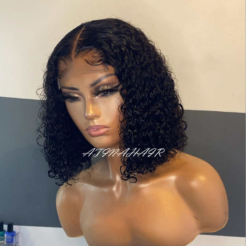 Atina Closure Short Curly Bob Wigs Middle Part Lace Wig Brazilian Human Hair Wigs For Black Women 4x4 Lace Wig side