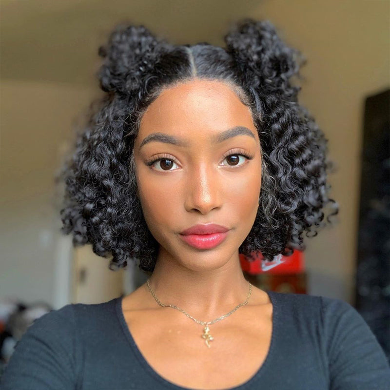 4*4 Lace Closure Human Hair Wigs Pre Plucked with Baby Hair Middle Part Curly Lace Closure Wig Peruvian Short Bob Wigs front