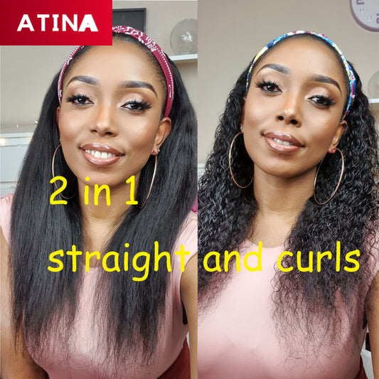 2in1 Straight to Curly | Wet & Wavy | Human Hair Headband Wig Water Wave For Black Women [AH01]