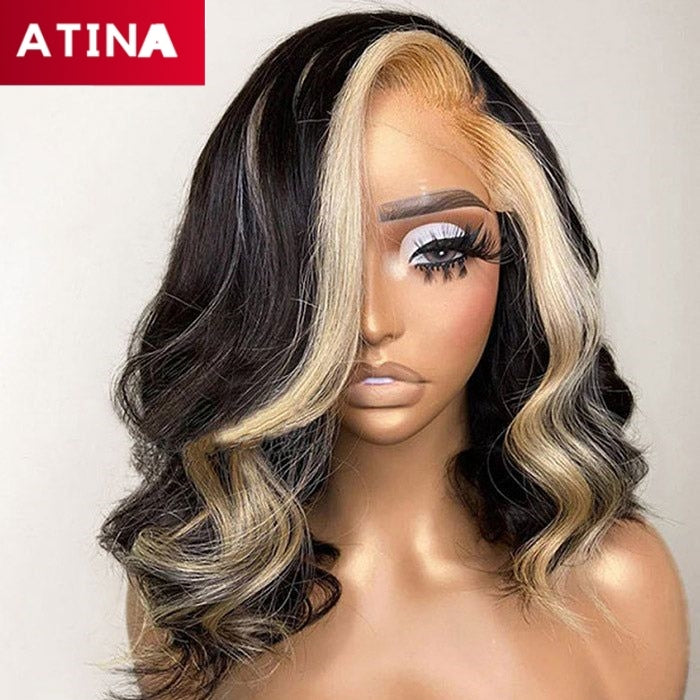 Brown Highlight Colored Wavy BoB Human Hair Wig with Partial Part