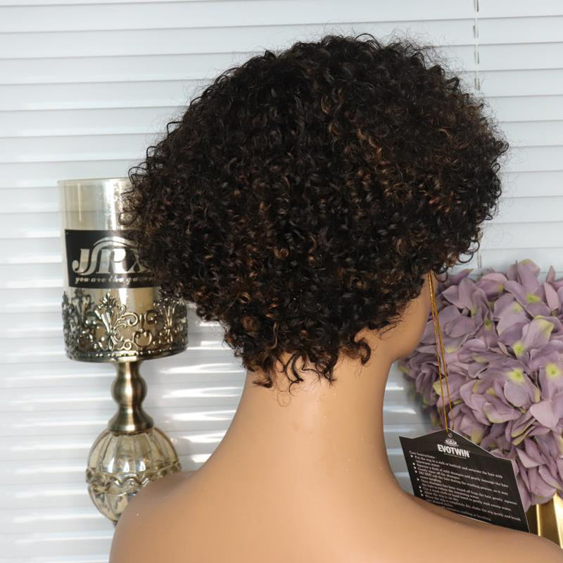Afro Kinky Curly Full Machine Made Wigs Pixie Cut Short Bob Wig Highlight Wig Ombre Honey Blonde Colored Human Hair Wigs back