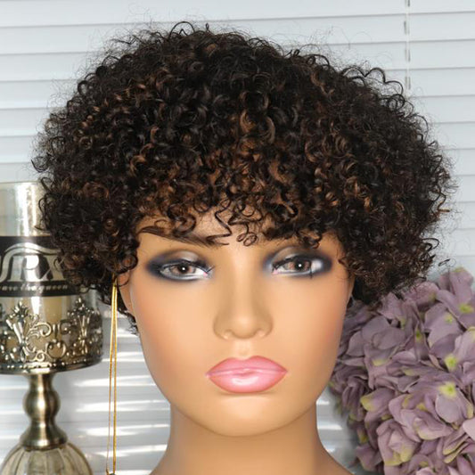 Afro Kinky Curly Full Machine Made Wigs Pixie Cut Short Bob Wig Highlight Wig Ombre Honey Blonde Colored Human Hair Wigs