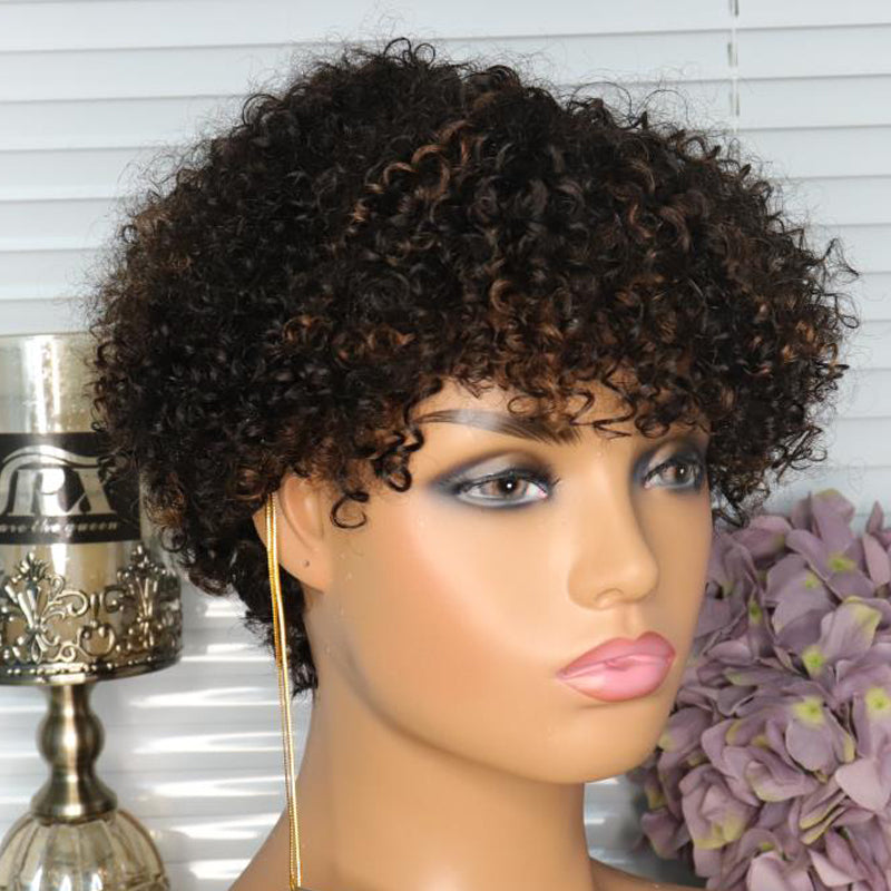 Afro Kinky Curly Full Machine Made Wigs Pixie Cut Short Bob Wig Highlight Wig Ombre Honey Blonde Colored Human Hair Wigs right
