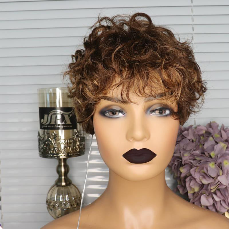 Full Machine Made Wigs Brazilian Wavy Pixie Cut Wig Short Bob Ombre Highlight Ombre Honey Blonde Colored Human Hair Wigs with Bangs
