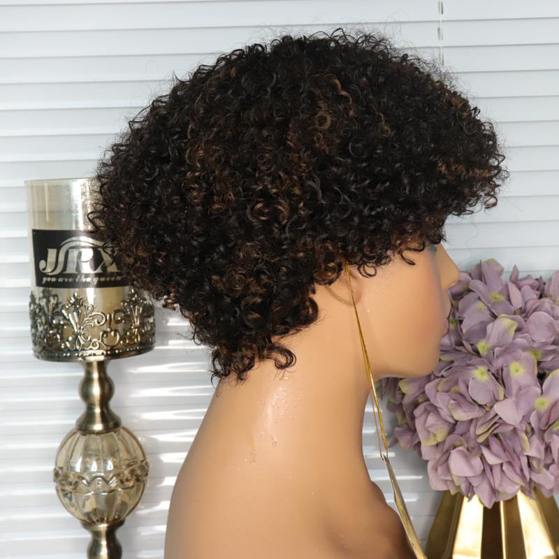 Afro Kinky Curly Full Machine Made Wigs Pixie Cut Short Bob Wig Highlight Wig Ombre Honey Blonde Colored Human Hair Wigs side