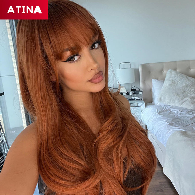 Ginger Orange Straight Lace Front Wig with Bangs Colored Human Hair Wigs
