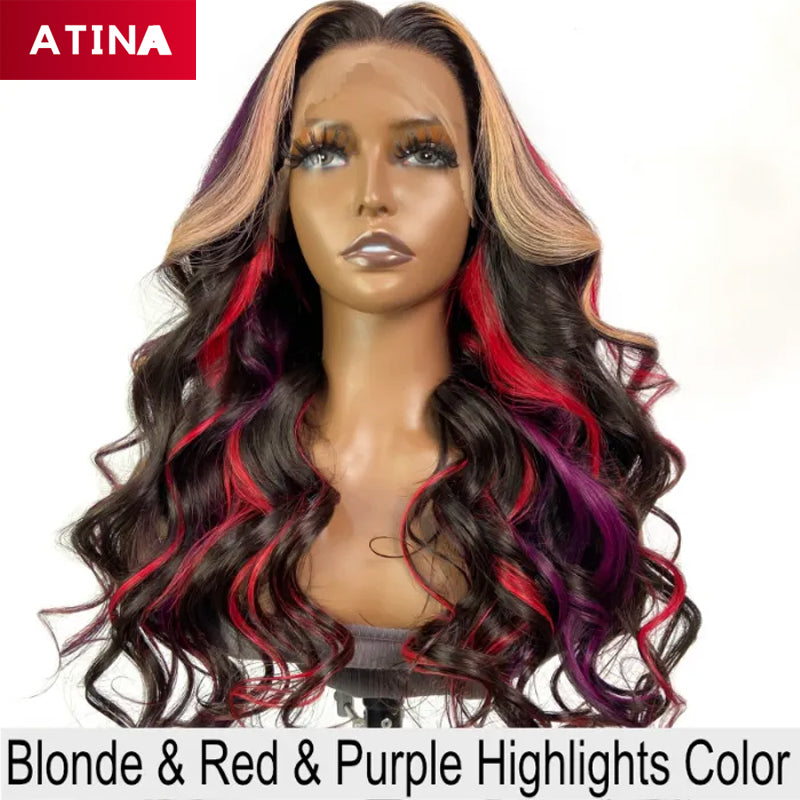 Red Blonde Highlight Body Wave Lace Front Wig Colored Human Hair Wigs