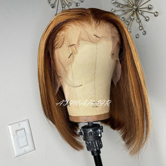 Short Bob Highlight Wig Honey Blonde Lace Front Wigs Ombre Human Hair Wig Preplucked Virgin Human Hair 4x4 Closure Wig 4/27 front