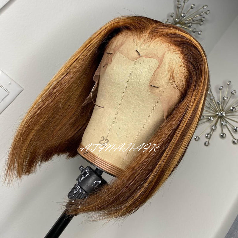 Short Bob Highlight Wig Honey Blonde Lace Front Wigs Ombre Human Hair Wig Preplucked Virgin Human Hair 4x4 Closure Wig 4/27 side