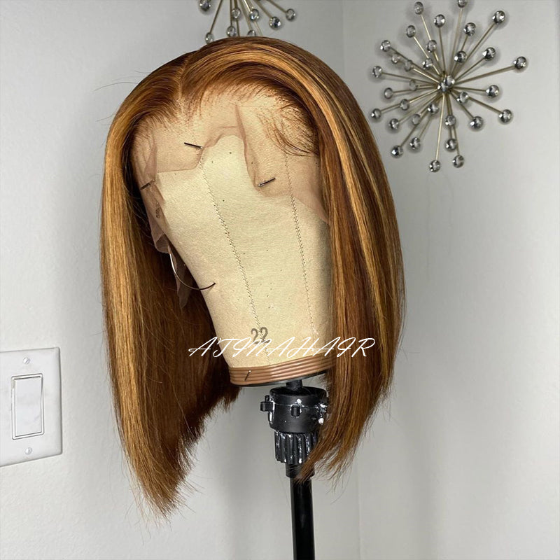 Short Bob Highlight Wig Honey Blonde Lace Front Wigs Ombre Human Hair Wig Preplucked Virgin Human Hair 4x4 Closure Wig 4/27