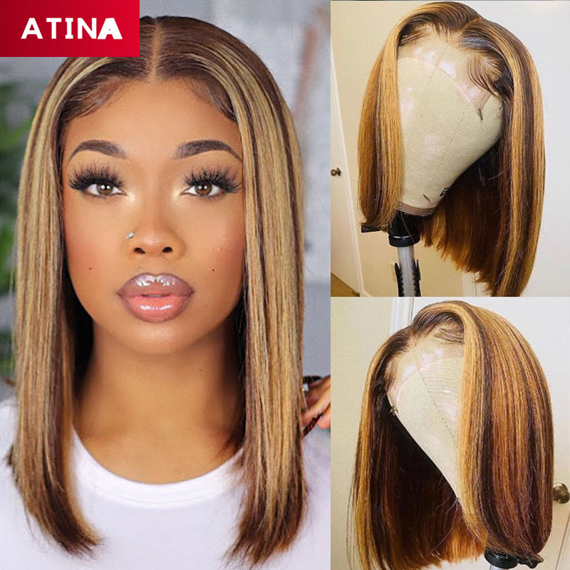 4/27 Highlight Straight Short Bob Lace Front Wigs 4x4 Closure [AC07]