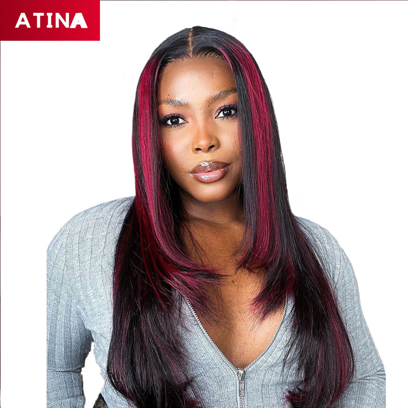 Black & Rose Pink Highlight Straight Lace Front Wig