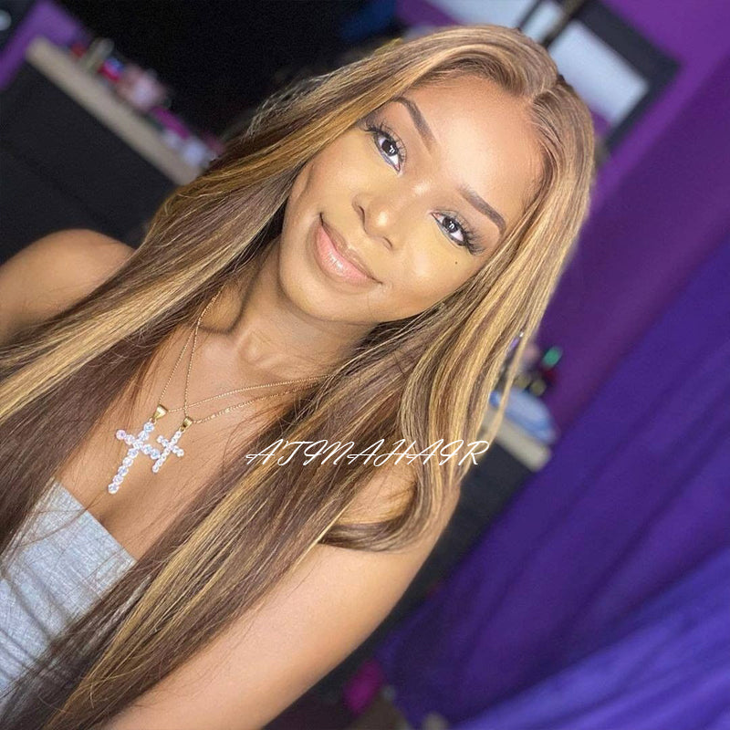 Atina Hair Highlight Hd Lace Frontal Wig Silky Straight Pre Plucked 13x6 Lace Front Human Hair Wigs