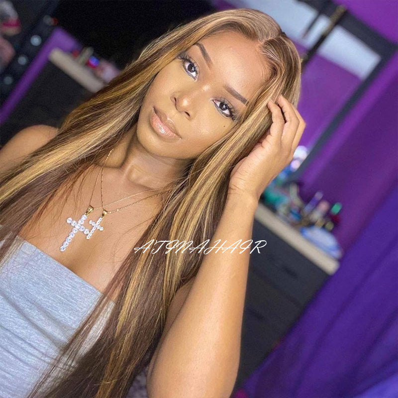 Atina Hair Highlight Hd Lace Frontal Wig Silky Straight Pre Plucked 13x6 Lace Front Human Hair Wigs detail