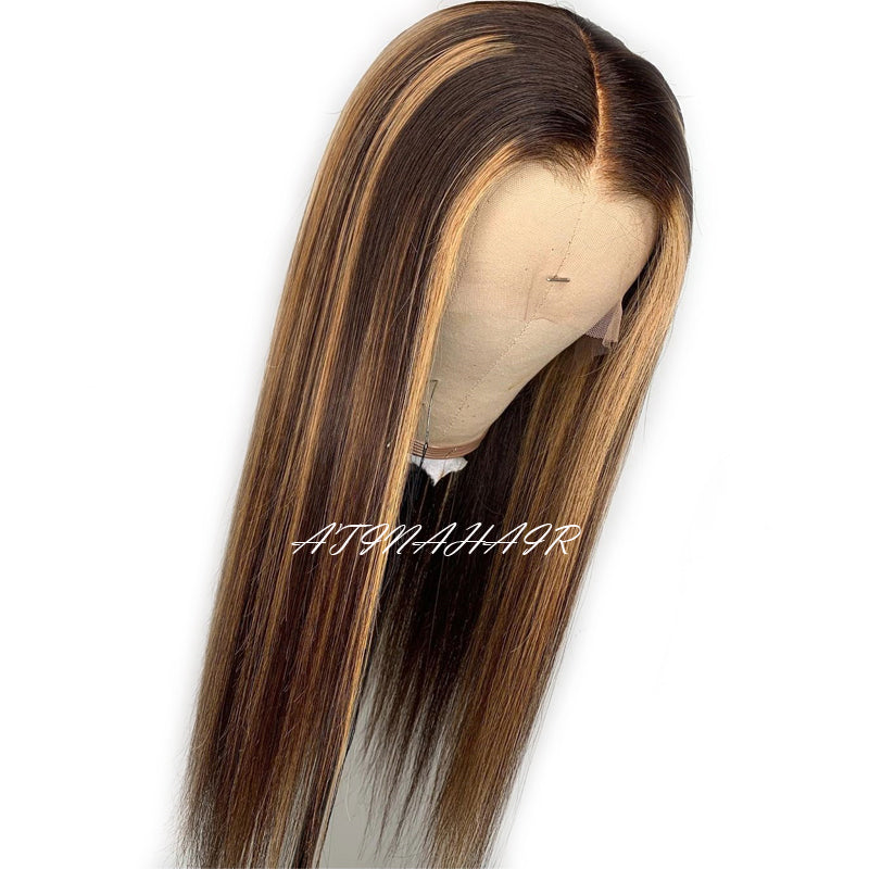 Atina Hair Highlight Hd Lace Frontal Wig Silky Straight Pre Plucked 13x6 Lace Front Human Hair Wigs side