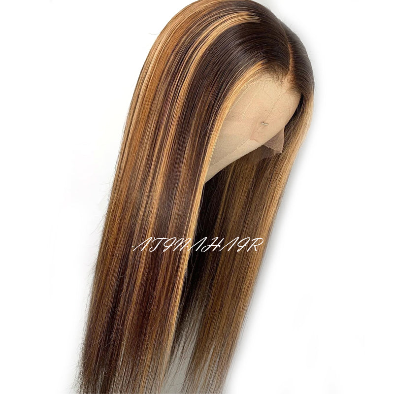 Atina Hair Highlight Hd Lace Frontal Wig Silky Straight Pre Plucked 13x6 Lace Front Human Hair Wigs 4/27