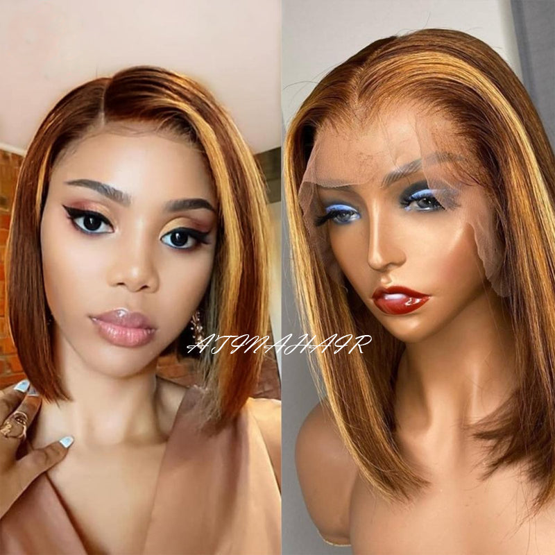 Short Bob Highlight Wig Honey Blonde Lace Front Wigs Ombre Human Hair Wig Preplucked Virgin Human Hair 4x4 Closure Wig