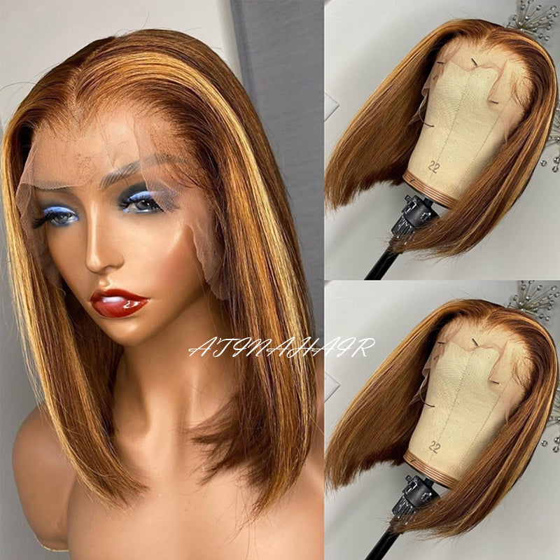 Short Bob Highlight Wig Honey Blonde Lace Front Wigs Ombre Human Hair Wig Preplucked Virgin Human Hair 4x4 Closure Wig 4/27 wig