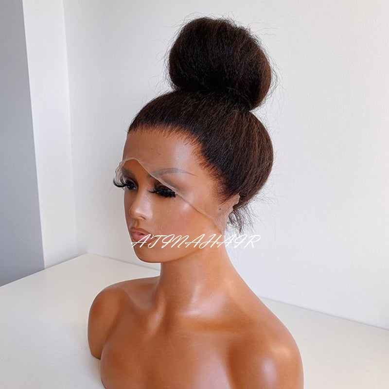 Atina 360 Lace Frontal Wig Pre Plucked with Baby Hair Kinky Straight Lace Front Human Hair Wigs Black Women hair bun