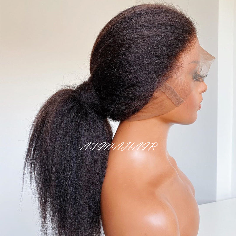 Atina 360 Lace Frontal Wig Pre Plucked with Baby Hair Kinky Straight Lace Front Human Hair Wigs Black Women ponytail side