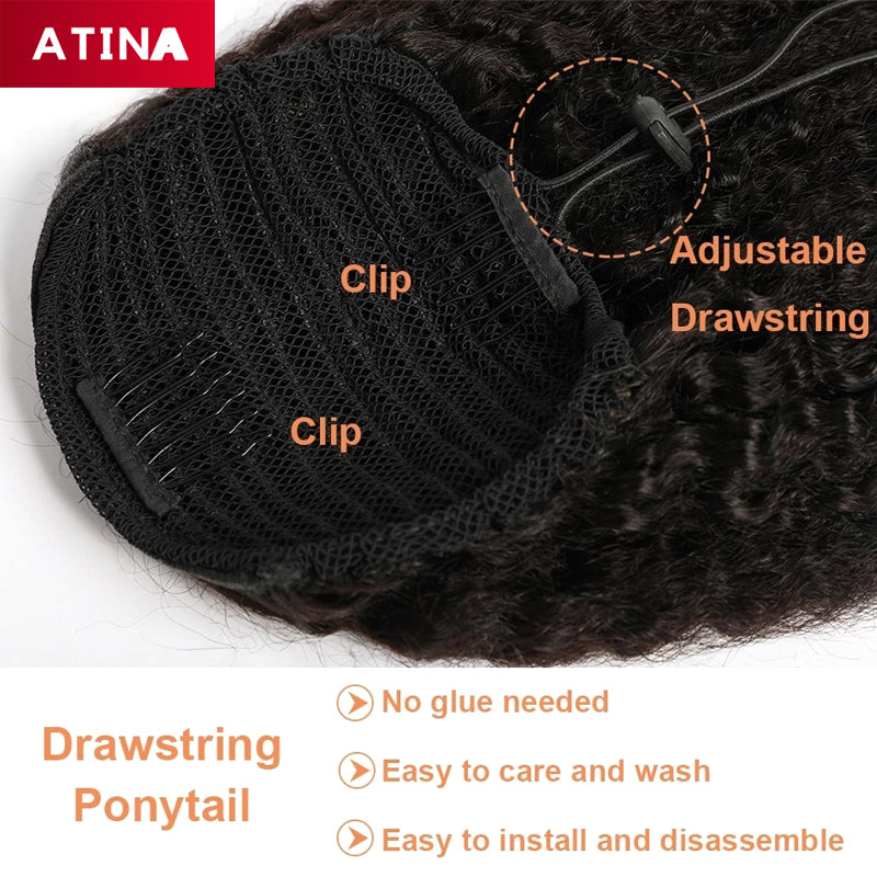 Kinky Straight Ponytail Drawstring Brazilian Human Hair Ponytail Clip In