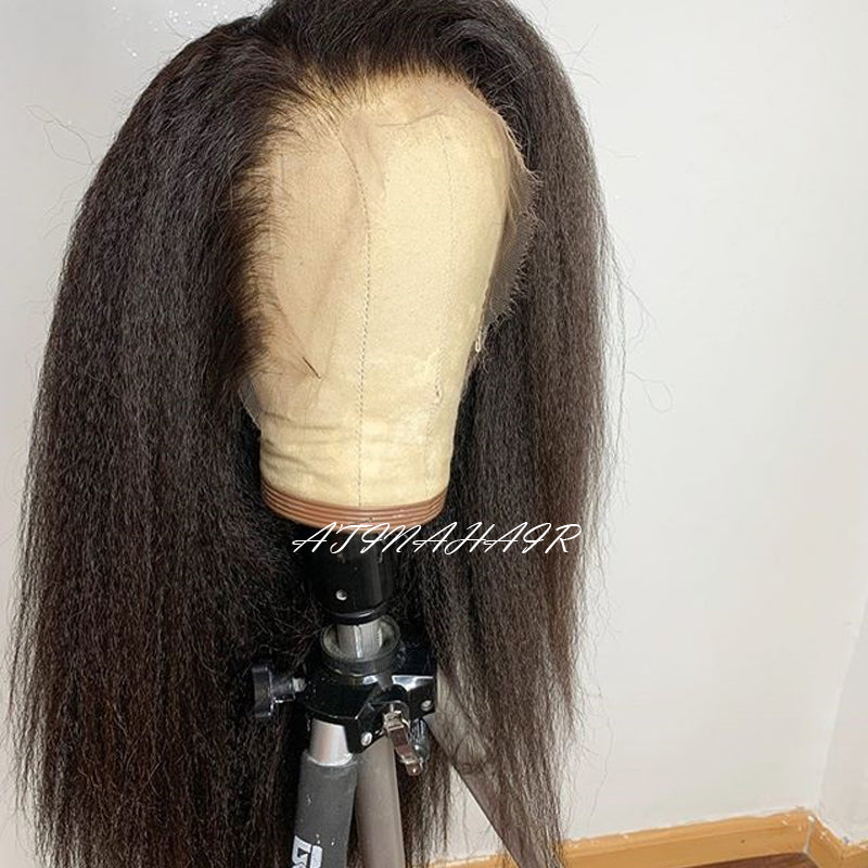 Kinky Straight Wig Pre Plucked Glueless Lace Front Human Hair Wigs Italian Coarse Yaki Wig for African Americans front